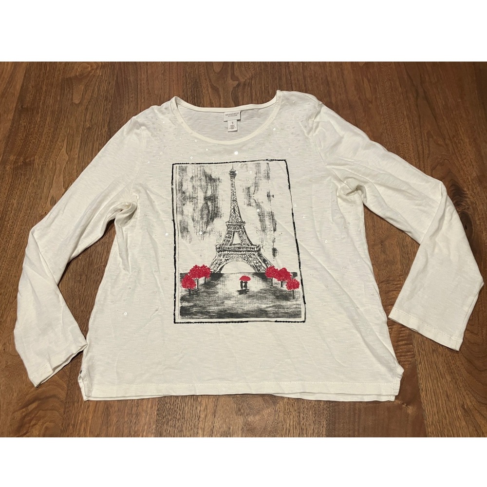 Weekends by Chico's‎ White Eiffel Tower Graphic Long Sleeve T Shirt Size 1